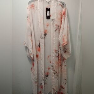 Onetheland White Floral Sheer Kimono Duster